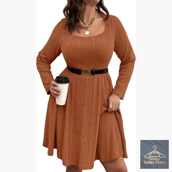 Other - Plus Size Rib-Knit Sweater Dress Square Neck Casual Pullover